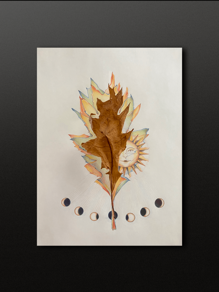 "Fire". Handmade artwork depicting a dried leaf on top of an illustration of flames and an ominous Sun.