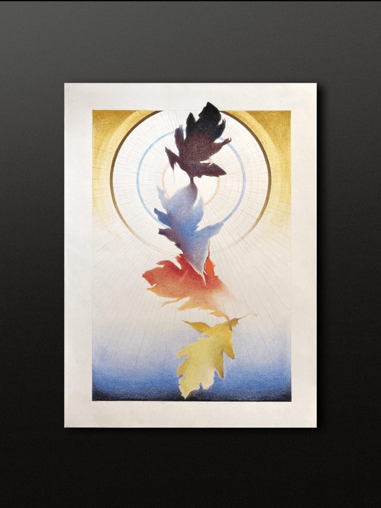 "Separatio". Handmade artwork depicting a dried leaf falling from Heaven into a Dark Void.